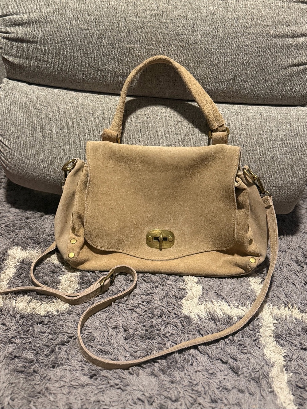 Suede studded beige boho bag with shoulder and crossbody straps y2k vintage